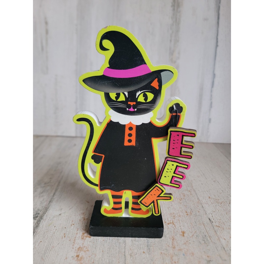 Halloween wooden cat witch eek unique home decor figure neon hat orange green